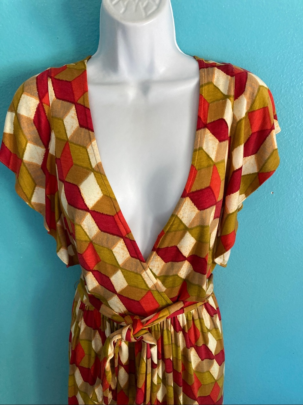 L.A.M.B Gwen Stefani 2007 Vintage Wrap Dress Size 8 Geometric Flutter Sleeve - Picture 7 of 13